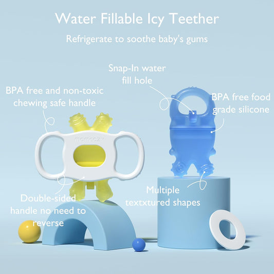 Momcozy Baby Teether Toys, Water Fillable Teether Silicone Cold Teether, Baby Teething Toys Chill Teether, Baby Water Teether For Teething Relief 0-12 Months, Blue And Yellow 2 Pcs