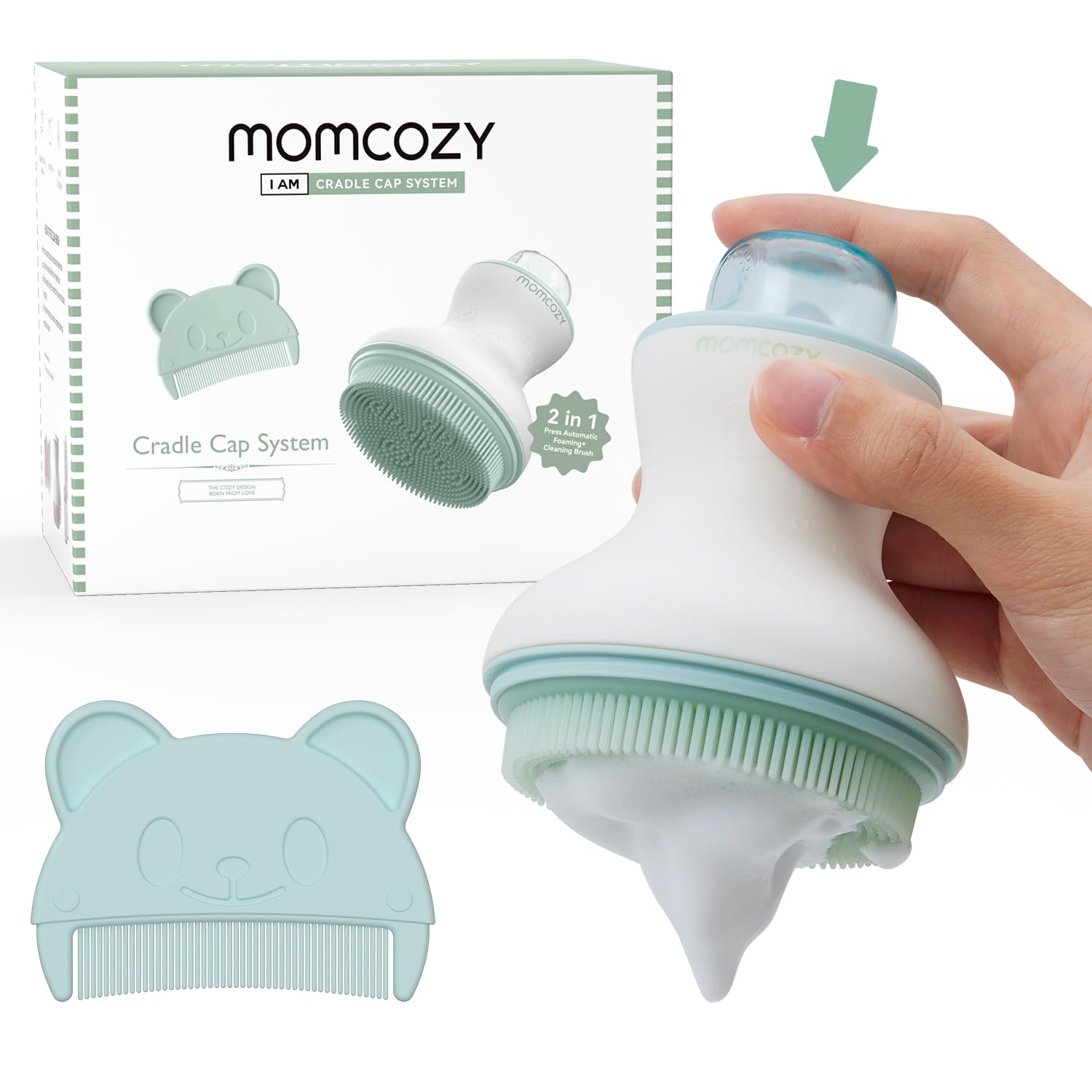 Momcozy Innovative Cradle Cap Brush With Pump, 2-In-1 Baby Cradle Cap Brush With Bubbler, Newborn Cradle Cap System, Shampoo Brush Baby Bath Essential Foamer Brush, Baby Hair Brush, Green