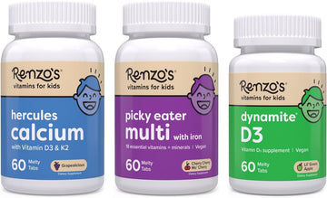 Renzo's Vitamins Stronger Now Bundle - Picky Eater Kids Multivitamin, Hercules Calcium, and Vitamin D3 for Kids