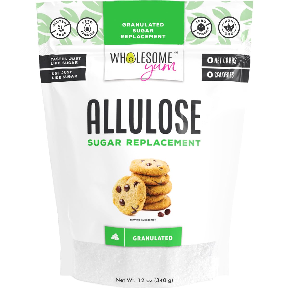 Wholesome Yum Allulose Sweetener - Natural Granulated Sugar Substitute - Keto, Non Gmo, Zero Carb, Zero Calorie, Sugar Free, No Aftertaste Tummy Friendly - Granular Sugar Replacement (12 Oz)