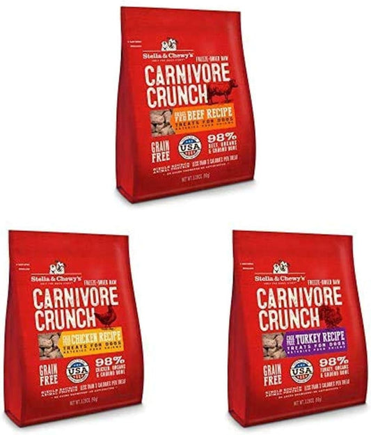Stella & Chewy's Freeze-Dried Raw Carnivore Crunch Dog Treats (Bundle of 3, 3.25 oz. Bags) - Beef, Chicken, Turkey : Pet Supplies