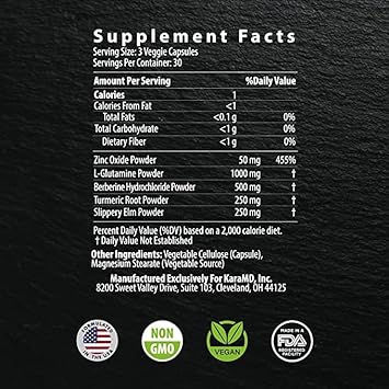 KaraMD Vital Restore - Supplement for Leaky Gut, Colon Health, & Immune Support - with Zinc, Turmeric, Berberine & L-Glutamine - Vegetable Capsules - 30 Servings (90 Capsules)