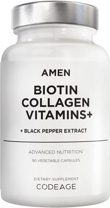 Amen Biotin Collagen Vitamins+ Advanced Hair, Skin, Nail & Immunity Support - 10,000mcg Biotin, Collagen, Keratin, Vitamins C & E, Folate, Hyaluronic Acid, MSM - 3-Month Supply, Non-GMO - 90 Capsules