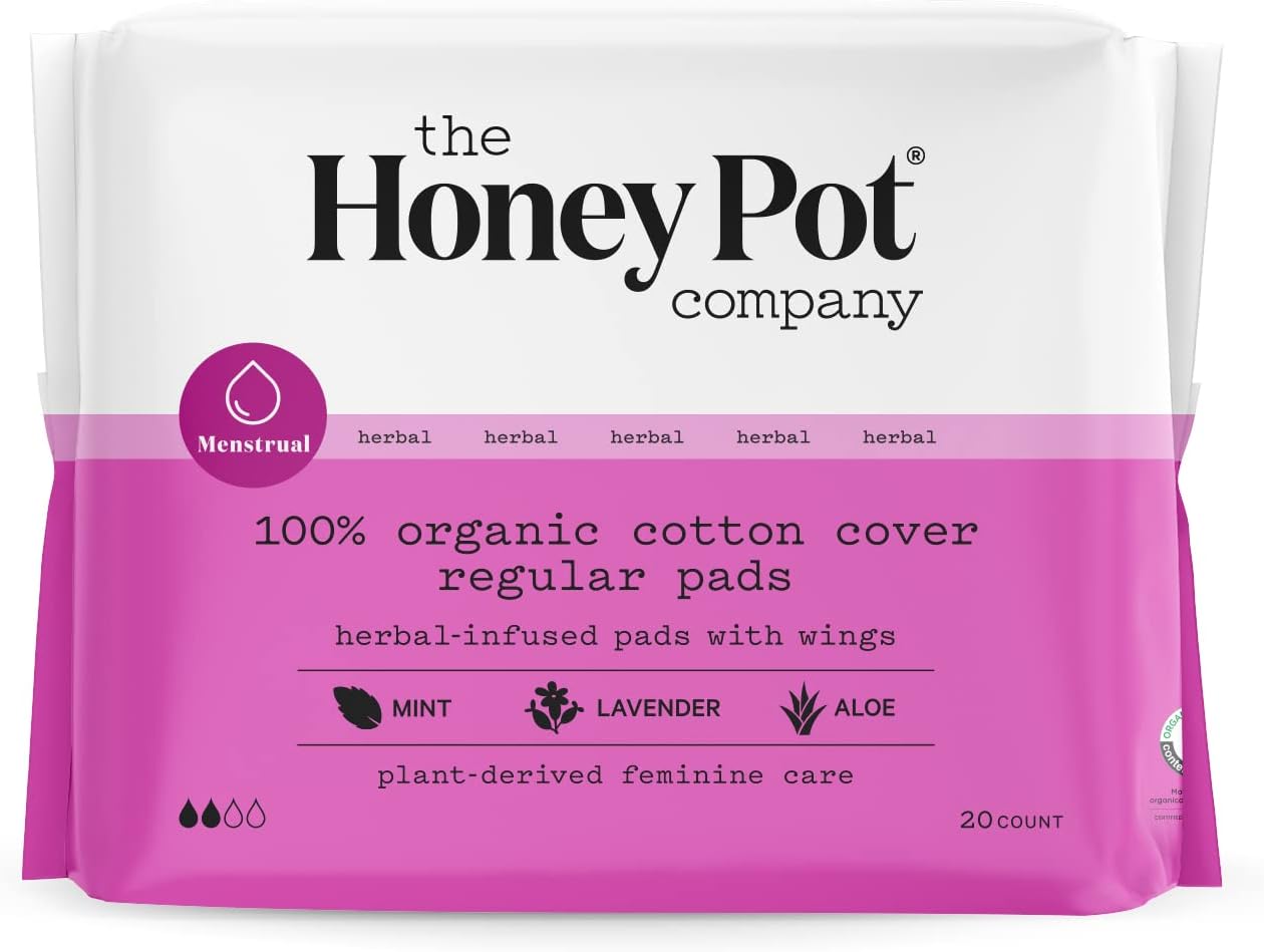 The Honey Pot Company - Herbal Regular Flow Pads w/Wings - Organic Pads for Women - Infused w/Essential Oils for Cooling Effect - Feminine Care - 20ct