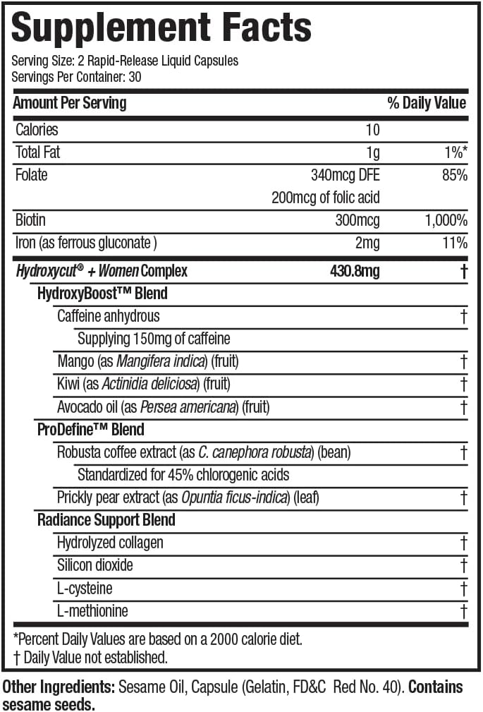 Hydroxycut +Women - 60 Rapid-Release Liquid Capsules - Includes Biotin, Collagen, Folate & Iron