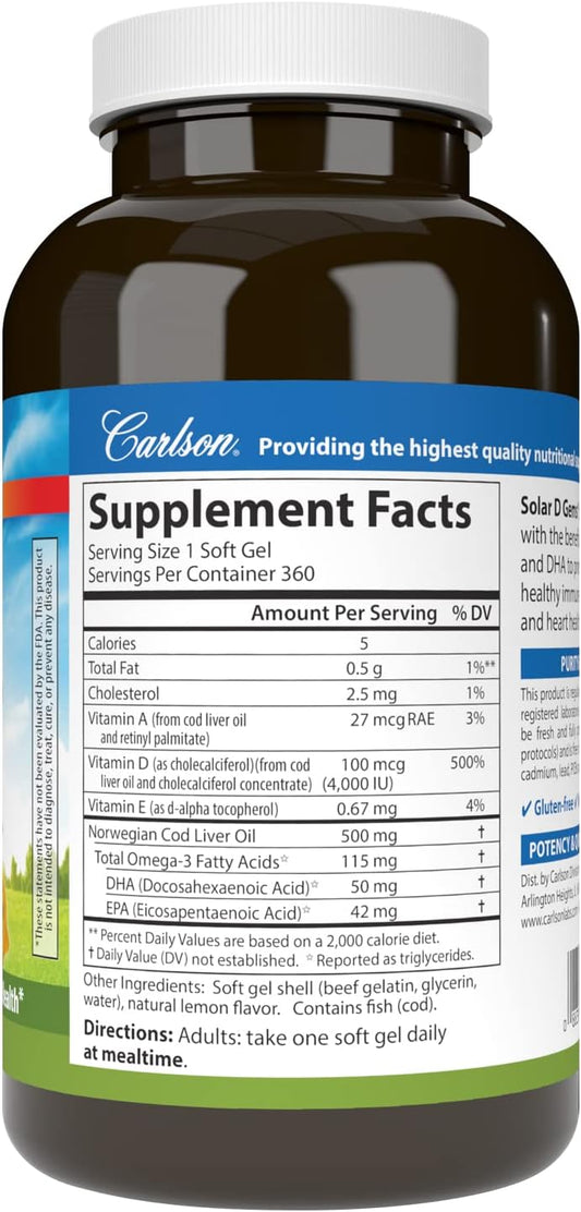 Carlson - Solar D Gems, Vitamin D3 and Omega-3 Supplement, 4000 IU (100 mcg) D3, 115 mg Omega-3 EPA and DHA, Vitamin D Fish Oil Capsule, Bone & Immune Health, Vitamin D Supplement, Lemon, 360 Softgels