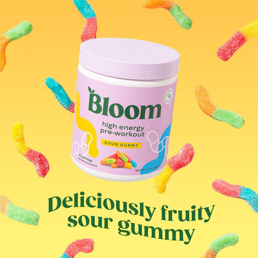 Bloom Nutrition High Energy Pre Workout Powder, Amino Energy With Beta Alanine, Ginseng & L Tyrosine, Natural Caffeine Powder From Green Tea Extract, Sugar Free & Keto Drink Mix (Sour Gummy)
