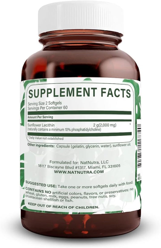 Natural Nutra Sunflower Lecithin Supplement 2000 mg, Helps to Improve Liver Function, Memory Booster, Promotes Brain Health and Focus and Concentration, Non-GMO, Gluten Free, 120 Softgels