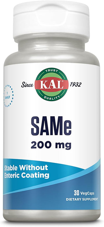 Kal Same 200Mg (S-Adenosyl-L-Methionine), Nervous System, Wellbeing And Mood Support Supplement, Enhanced Absorption, No Enteric Coating Needed, Vegetarian, 60-Day Guarantee, 30 Serv, 30 Vegcaps