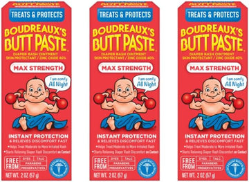 Boudreaux's Butt Paste Maximum Strength Diaper Rash Cream, Ointment for Baby, 2 oz Tube, 3 Pack