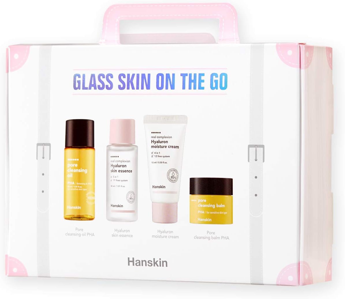 Hanskin Glass Skin On The Go Set, Essential Travel Skincare Set For Glowing Skin On The Plane, Cleansing Oil Skin Essence And Moisturiser [Set Of 4/30 Ml Each]
