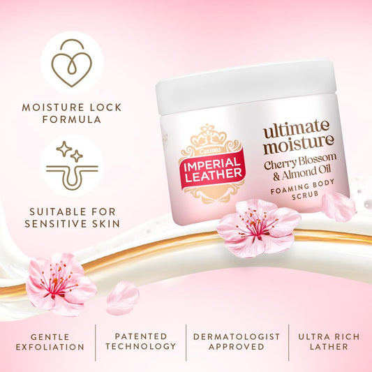 Imperial Leather Ultimate Moisture Cherry Blossom & Almond Oil Foaming Exfoliating Body Scrub, Ultra Rich Lather, Suitable For Sensitive Skin - Vegan & Cruelty Free (225Ml), Multipack 6 X 225Ml