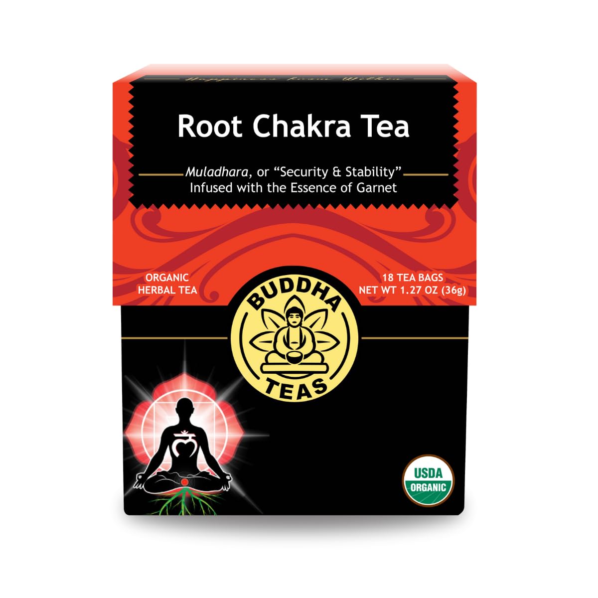 Buddha Teas - Root Chakra Tea - Organic Herbal Tea - For Security & Stability - With Ashwagandha Root, Raspberry Leaf, Cloves & Garnet Essence - 100% Kosher & Non-Gmo - 18 Tea Bags (Pack Of 1)