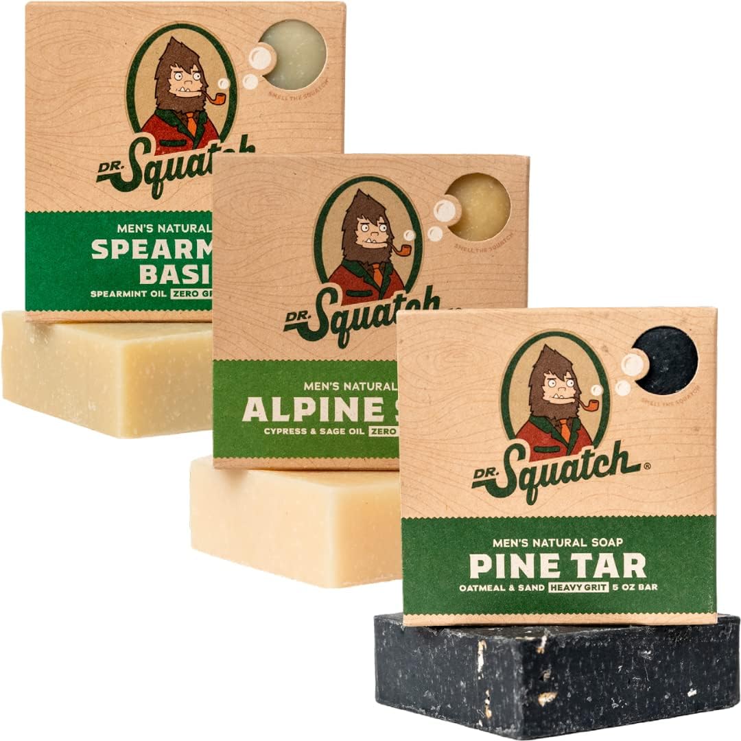 Dr. Squatch All Natural Soap Bar For Men, 3 Bar Variety Pack, Pine Tar, Alpine Sage And Spearmint Basil