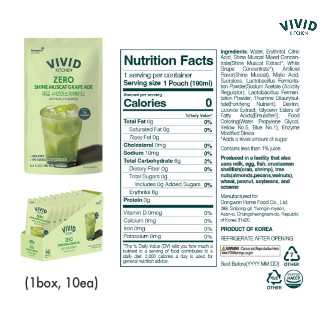 Vivid Kitchen Lemonade Pouch Drinks – Zero Sugar, Zero Calories | Korean Convenience Store Drink | No Artificial Preservatives Or Corn Syrup | 6.4 Fl Oz (10 Pouches) (10 Pouch, Lemonade)