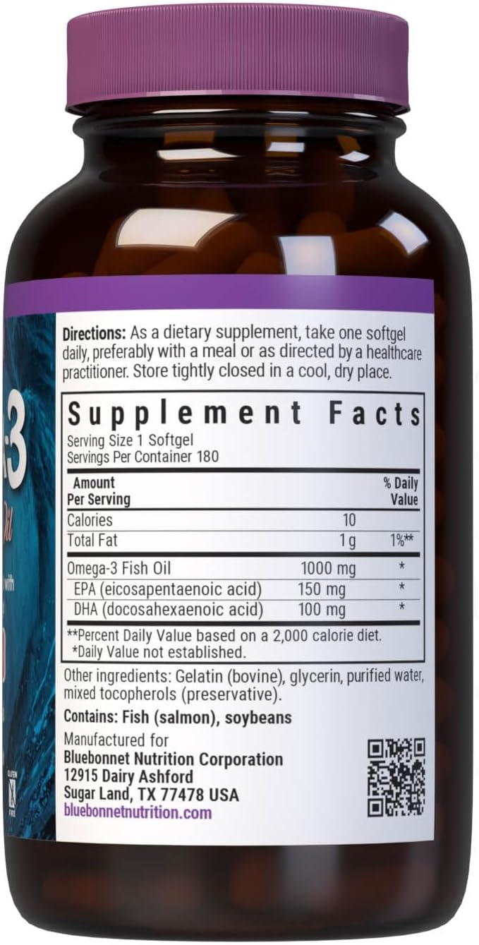 Bluebonnet Natural Omega-3 Salmon Oil Softgels, 180 Count, White : Health & Household