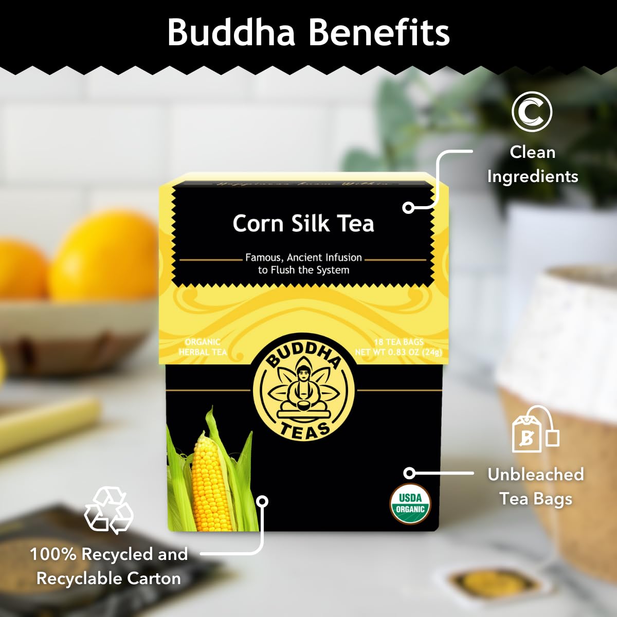 Buddha Teas - Organic Corn Silk Tea - Herbal Tea - For Health & Wellbeing - With Antioxidants & Minerals - Clean Ingredients - Caffeine Free - Ou Kosher & Non-Gmo - 18 Tea Bags (Pack Of 1)