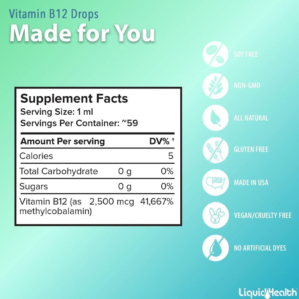 LIQUIDHEALTH Vitamin B12 Methylcobalamin Liquid Drops with Sublingual Hydroxocobalamin - Boost Energy, Support Immune System, Improve Memory & Concentration - Vegan, Sugar Free, Non-GMO (2 Pack) : Health & Household