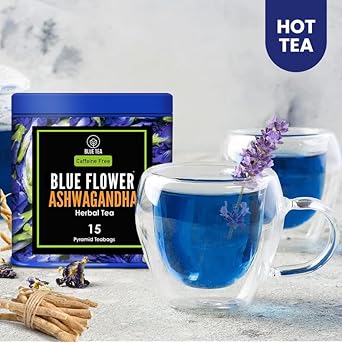 Blue Tea - Butterfly Pea Flower Tea - Ashwagandha - 15 Count - Plant Based Tea Bag | Detox Tea | Caffeine Free - Flower Based - Vegan - Ayurvedic Blend - Non-Gmo - No Additives | Tin Pack