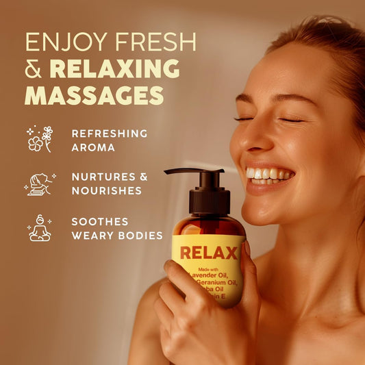 Kukka Relax Massage Oil For Massage Therapy - Spa Quality Warming Massage Oil - Body Oils For Women & Men - Infused With Lavender Oil, Jojoba Oil, Rose Geranium Oil & Vitamin E Oil - (6.76 Fl Oz)