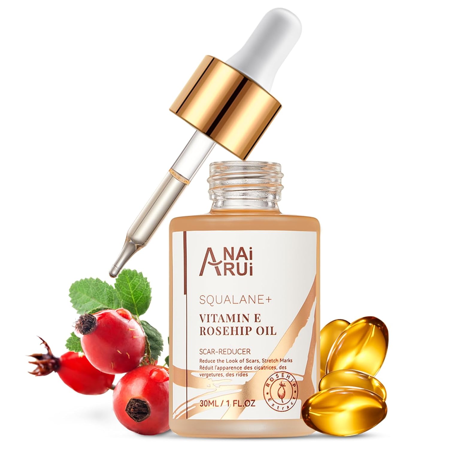 Anai Rui Squalane + Vitamin E Rosehip Oil Moisturizer For Face Hydrate, Reduce Scars And Stretch Marks, Wrinkles For Smoother, Softer Skin 1 Fl. Oz