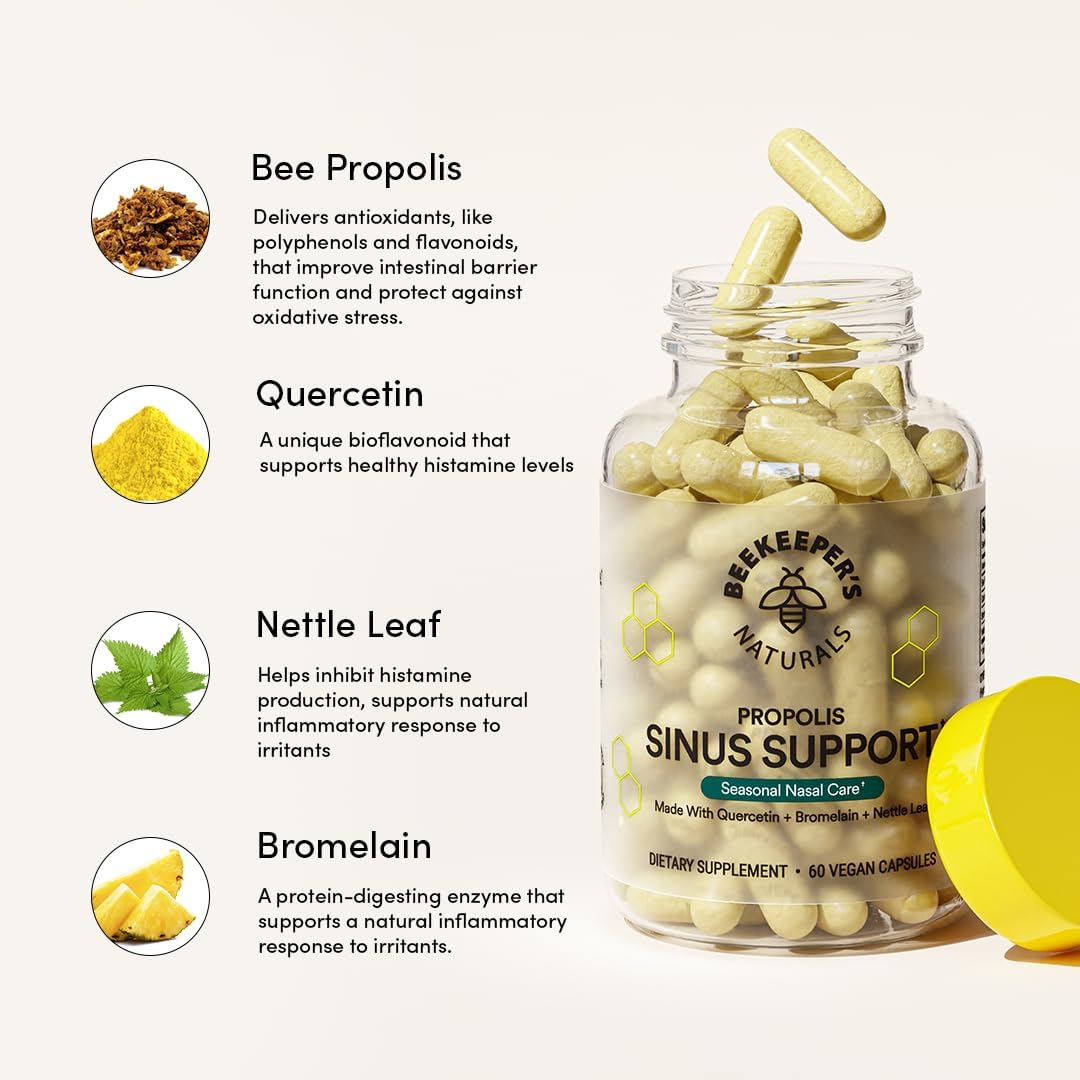 Beekeeper'S Naturals All Natural Sinus Support For Adults, Seasonal Nasal Care Relief With Propolis, Quercetin, Bromelain, Nettle Leaf, & Vegan Capsule, Blocks Or Suppresses Histamine, 60 Ct : Health & Household