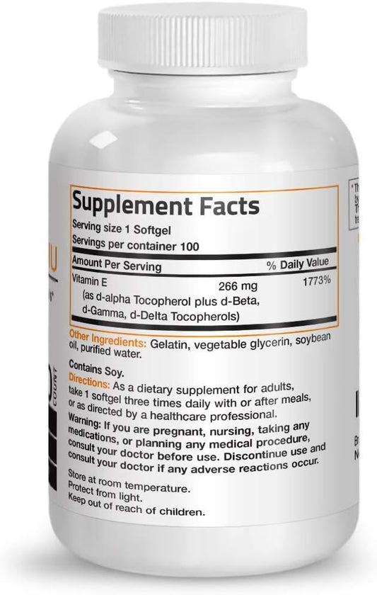 Bronson Natural Vitamin E Complex 400 I.U. Supplement (d-Alpha Tocopherol Plus d-Beta, d-Gamma, & d-Delta Tocopherols), Natural Antioxidant, 100 Softgels