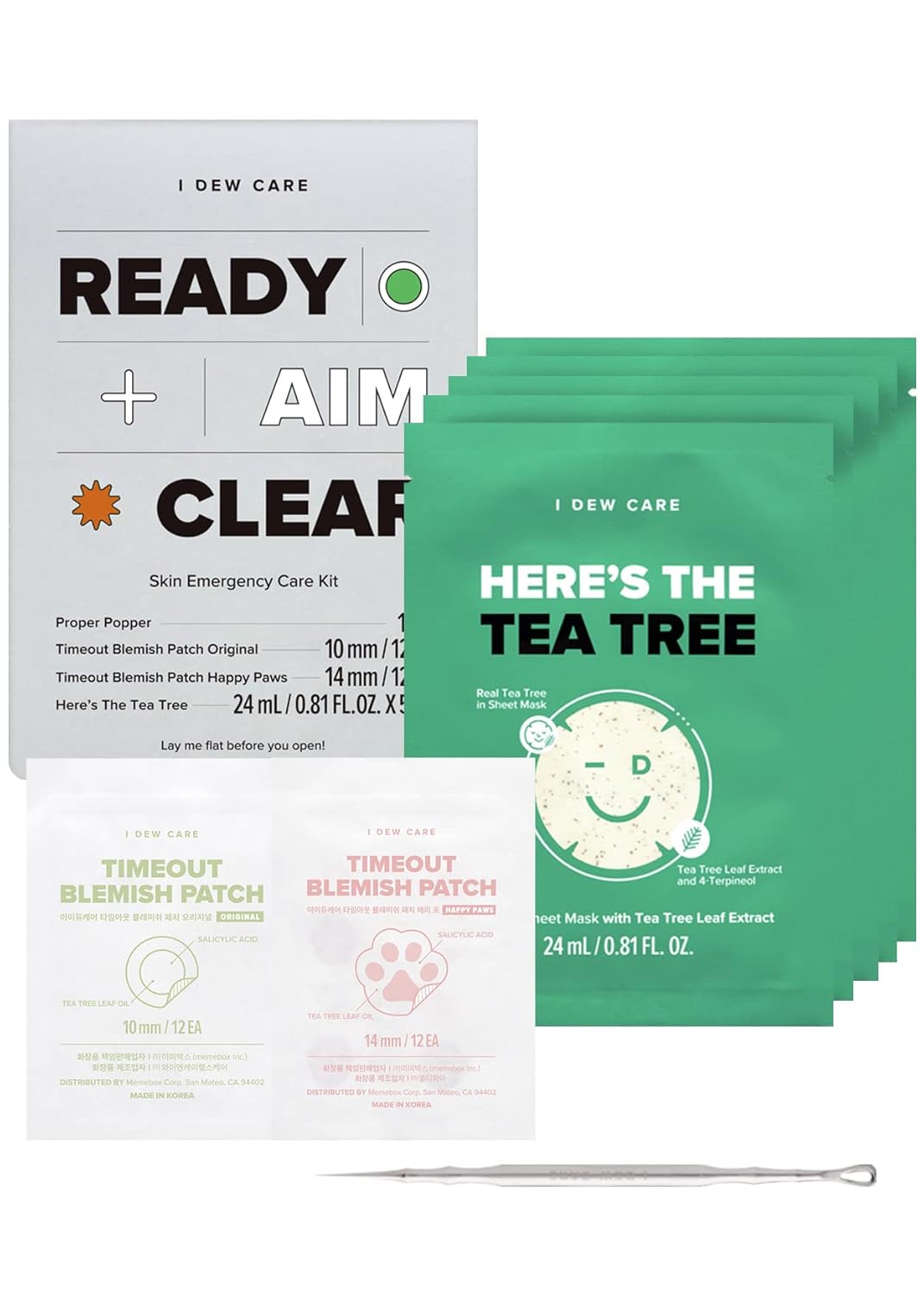 I Dew Care Blemish Skincare Set - Ready Aim Clear | Face Mask & Acne Patch & Pimple Popper Tool, With Tea Tree Oil, Soothing & Hydrating, Treatment, Oily & Sensitive Skin