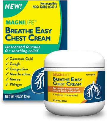 Magnilife Breathe Easy Chest Cream, Unscented Natural Chest Rub To Alleviate Coughing, Congestion, Muscle Aches, And Pains - 4Oz