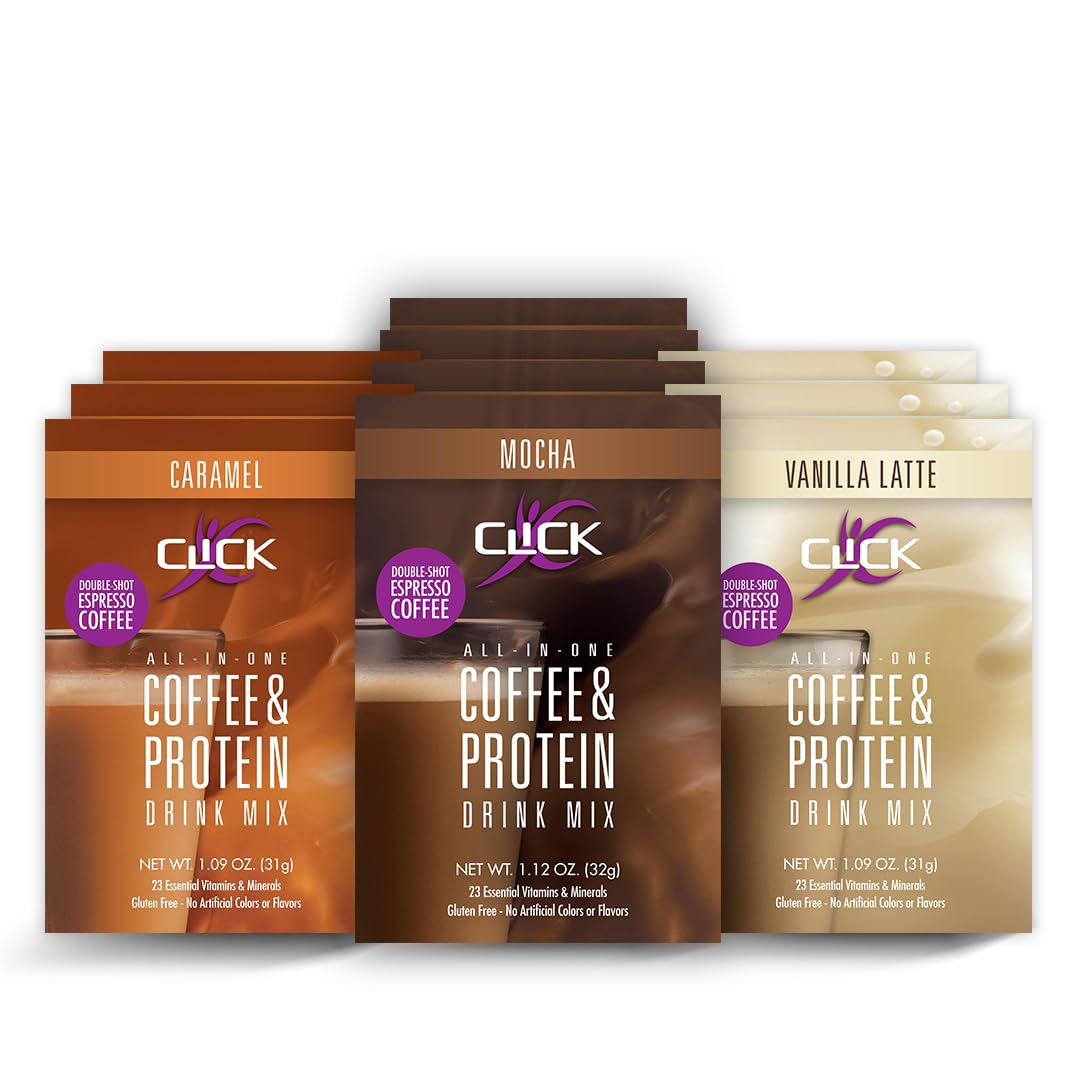 Click Coffee Protein Powder Packets, High Protein, Double Shot Espresso (150mg Caffeine), 23 Essential Vitamins, Low Calorie Meal Replacement, Variety Flavors