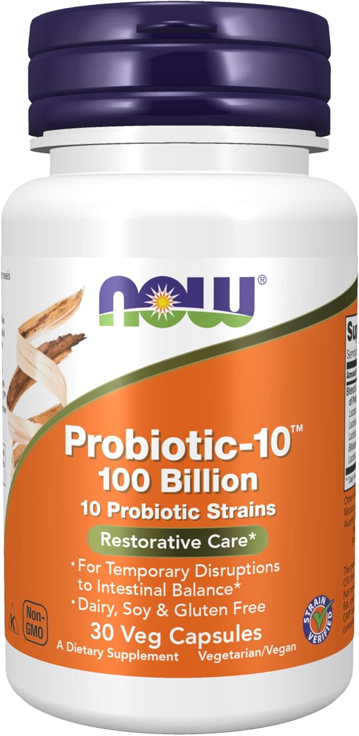 Now Supplements, Probiotic-10™, 100 Billion, With 10 Probiotic Strains,Dairy, Soy And Gluten Free, Strain Verified, 30 Veg Capsules