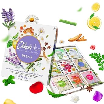Olinda Relax Tea Gift Box 100% Organic Tea Bags Low Caffeine Throat Digestive White Tea Samplers Natural Herbal Gift Set Premium 9 Vareity Individually Wrapped 45 Tea Bags 1 Tea Box Tea Gifts For Women