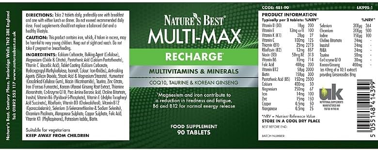 Nature's Best Multi-Max Recharge Multivitamin - with Vitamin B, C and Zinc - Energy & Immune Support - UK Made - 90 Tablets (1 Month's Supply) : Amazon.co.uk: Health & Personal Care