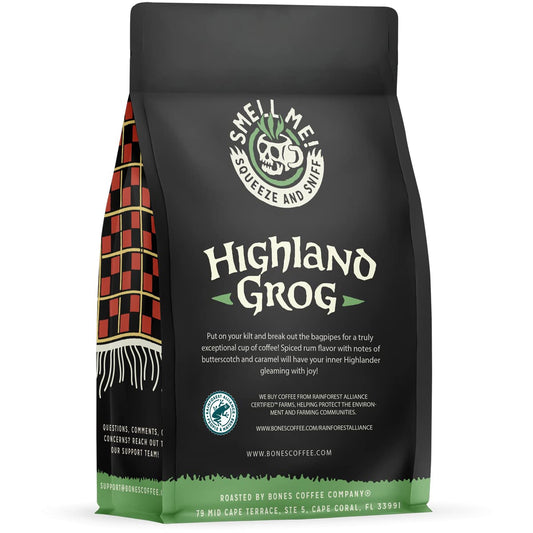 Bones Coffee Company Highland Grog Flavored Ground Coffee Beans Butterscotch Caramel Flavor | 12 oz Medium Roast Arabica Low Acid Coffee | Gourmet Coffee (Ground)