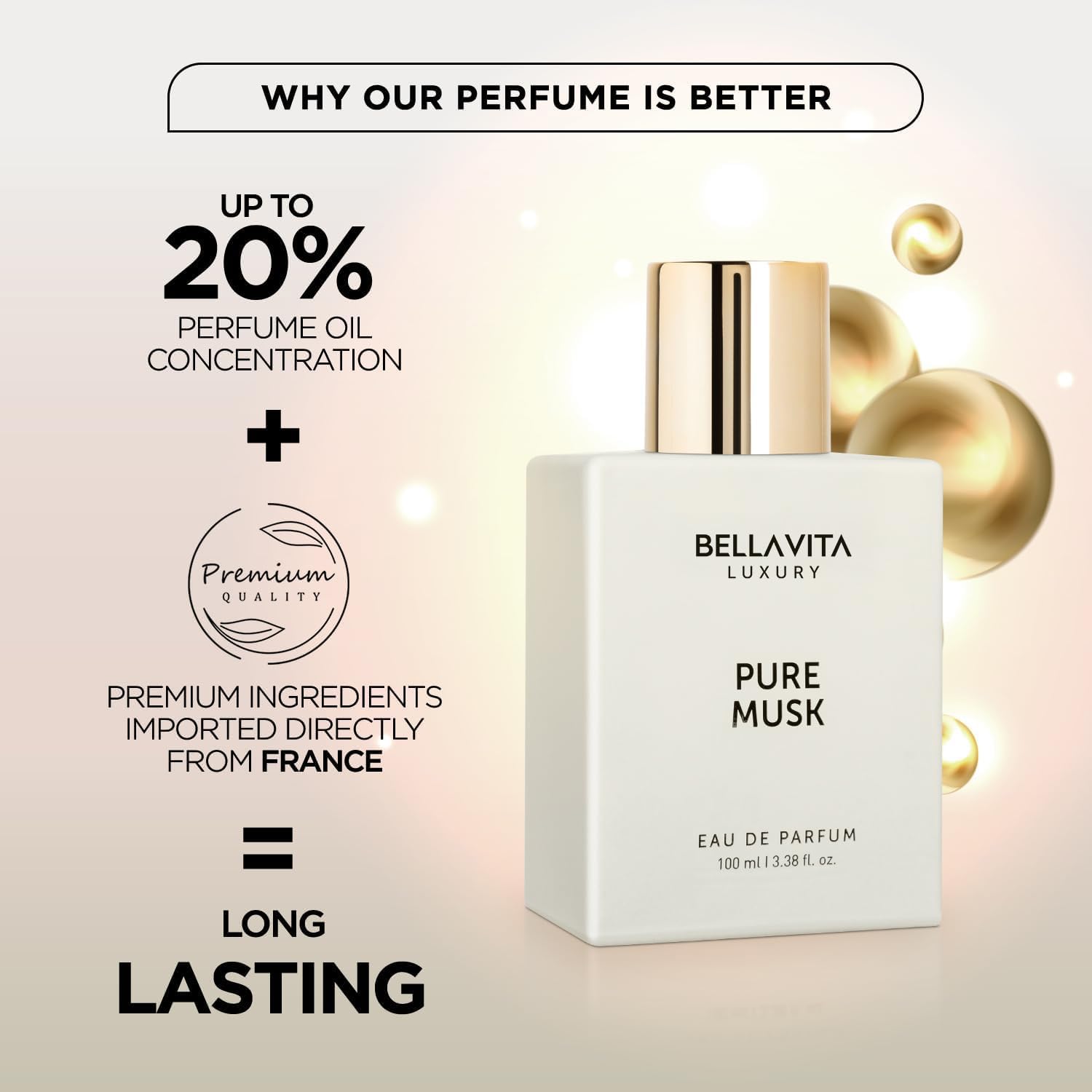 Bellavita Luxury Pure Musk Unisex Perfume | Notes Of Lily Of The Valley, Sandalwood And Tonka | Long Lasting Eau De Parfum For Men And Women | Premium, Woody, Animalistic Fragrance