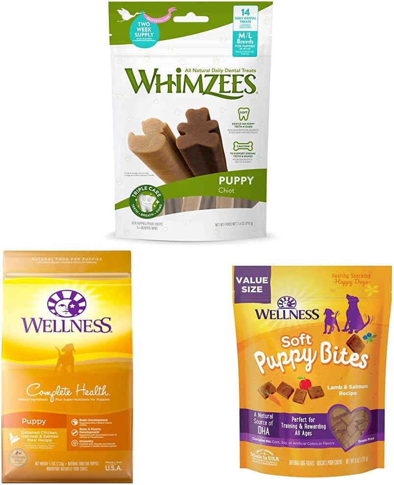 Whimzees Wellness Complete Health Dry Puppy Food, 5 Pound Bag Puppy Dental Chew Treats + Wellness Soft Puppy Bites, 8 Ounce Bag