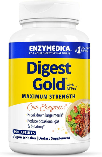 Enzymedica Digest Gold + Atpro, Maximum Strength Digestive Enzymes, Helps Digest Large Meals For Instant Bloating Relief, 90 Count