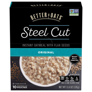 Better Oats Original Steel Cut Oatmeal Packets, Instant Oatmeal Packets with Steel Cut Oats and Flax Seeds, Quick Oatmeal Pouches Ready in 2.5 Minutes, Original Flavor, Pack of 6, 11.6 OZ Pack