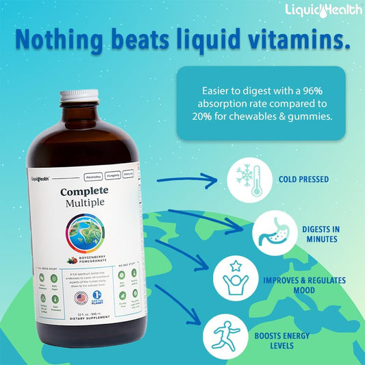 Liquidhealth Complete Multiple Adult Liquid Multivitamin - Essential Vitamins, Minerals & Nutrients, Immune Support, Gut Health, Energy, Detox - Great Taste, Vegan, Non-Gmo, Sugar-Free (32 Oz)