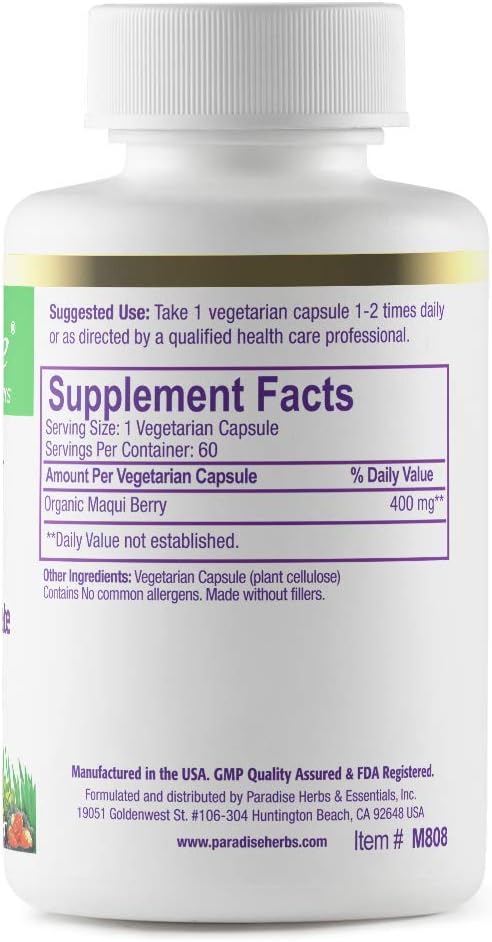 Paradise Herbs Maqui Berry Supplement, Active Whole Spectrum Concentrate, Super Potent, Ultra Pure, Vegan, Non-Gmo, Gluten Free, 60 Vegetarian Capsules