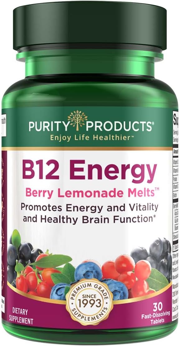 Purity Products B-12 Energy Berry Lemonade Melt w/Super Fruits Methylcobalamin B12 - Vitamins B6, D3, Folic Acid and Biotin - High Absorption MecobalActive B 12-30 Melting Tablets
