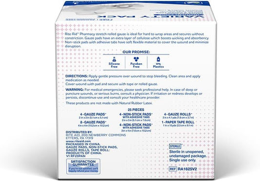 Rite Aid First Aid Gauze Pads, Variety Pack - Includes 25 Assorted Gauze Pads & Tape | Sterile Gauze Pads | First Aid Kit | Wound Care Supplies