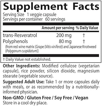 Doctor's Best, Trans-Resveratrol with ResVinol, Non-GMO, Vegan, Gluten & Soy Free, 200 mg, 60 Count : Health & Household