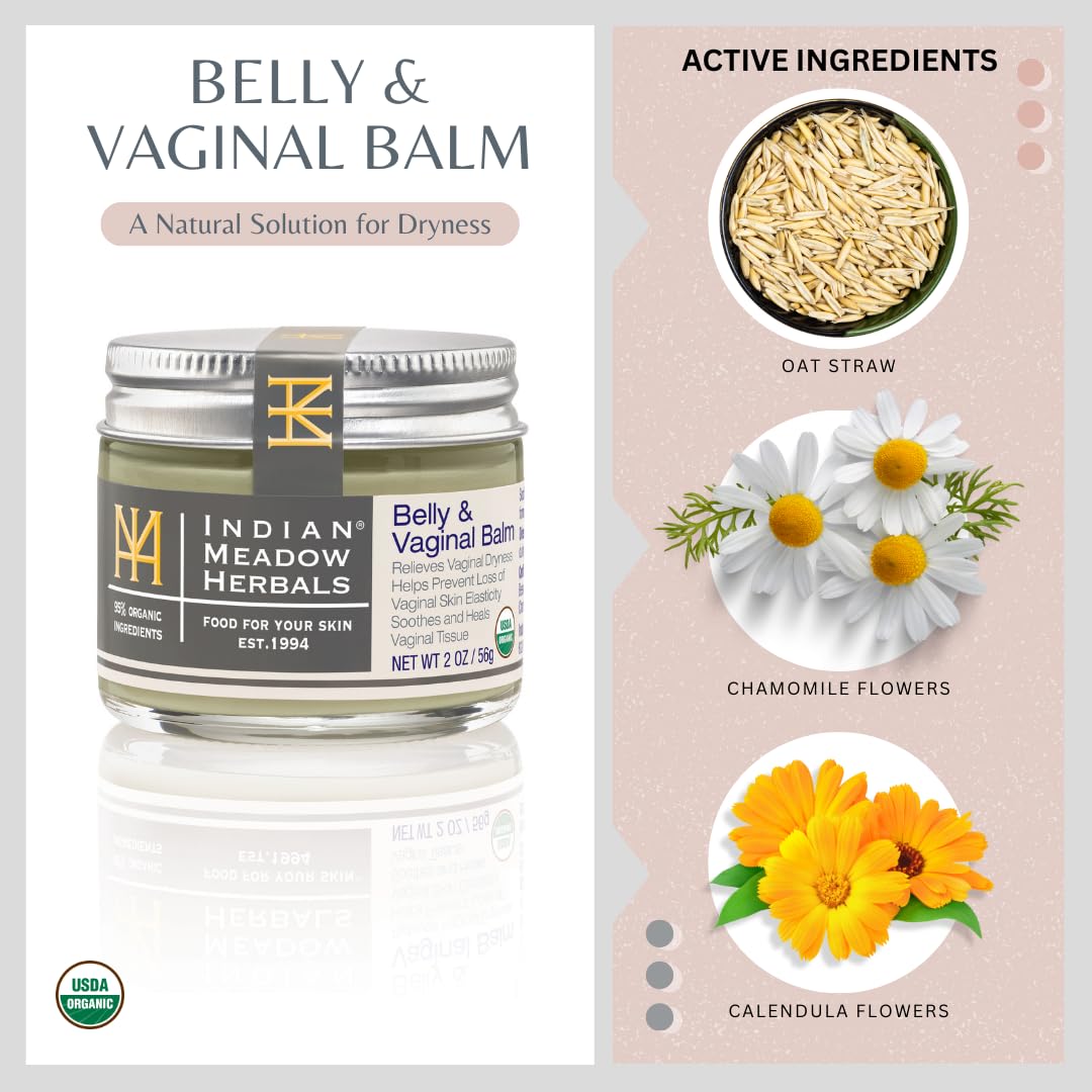 Indian Meadow Herbals Belly & Intimate Skin Balm (2 oz.) - Dryness Relief for Women - Lubricating Skin Care Product Helps Maintain Skin Elasticity and Reduce Stretch Marks : Belly Vaginal Balm Indian Meadow Herbals : Health & Household