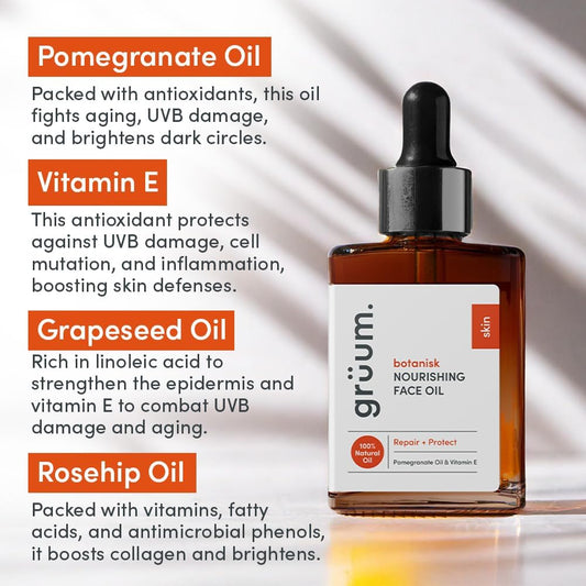 Grüum Nourishing Face Oil 30Ml - 100% Natural Facial Oil For Dry Skin - Reduces Dark Spots & Uvb Damage - Anti Ageing Face Oils For Women With Rosehip Oil, Pomegranate Oil & Vitamin E