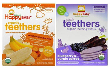 Happy Baby Organic Teethers 2 Flavor Bundle: (1) Sweet Potato & Banana Teething Wafers, and (1) Blueberry & Purple Carrot Teething Wafers, 1.7 Oz : Baby