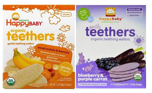 Happy Baby Organic Teethers 2 Flavor Bundle: (1) Sweet Potato & Banana Teething Wafers, and (1) Blueberry & Purple Carrot Teething Wafers, 1.7 Oz : Baby