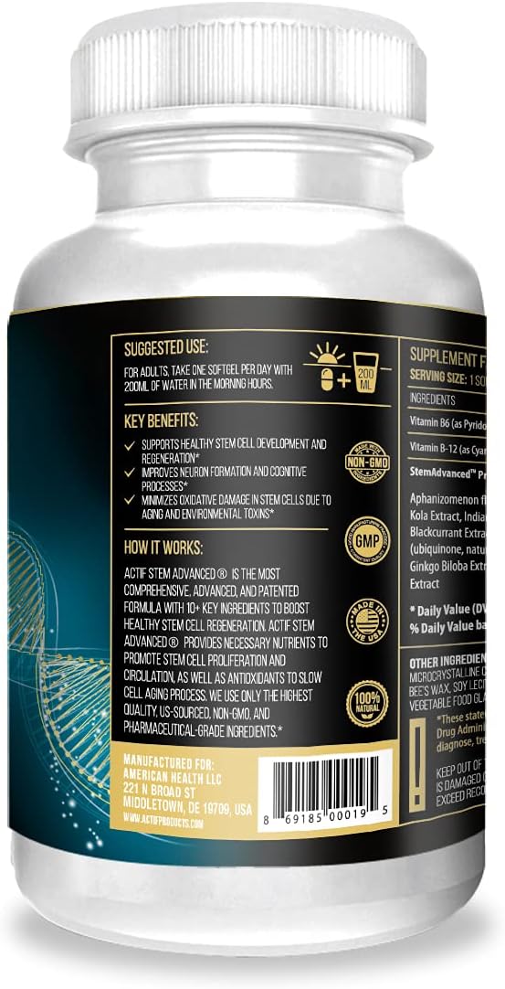 ACTIF STEM CELL SUPPORT - Maximum Strength with 10+ Stem Cell Factors, Non GMO, 2 month supply, Made in USA : Health & Household