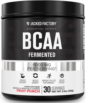 Jacked Factory Bcaa Powder (Fermented) - 6G Branched Chain Essential Amino Acid Supplement For Improved Muscle Recovery, Reduced Fatigue, Increased Strength, Muscle Growth - 30 Servings, Fruit Punch