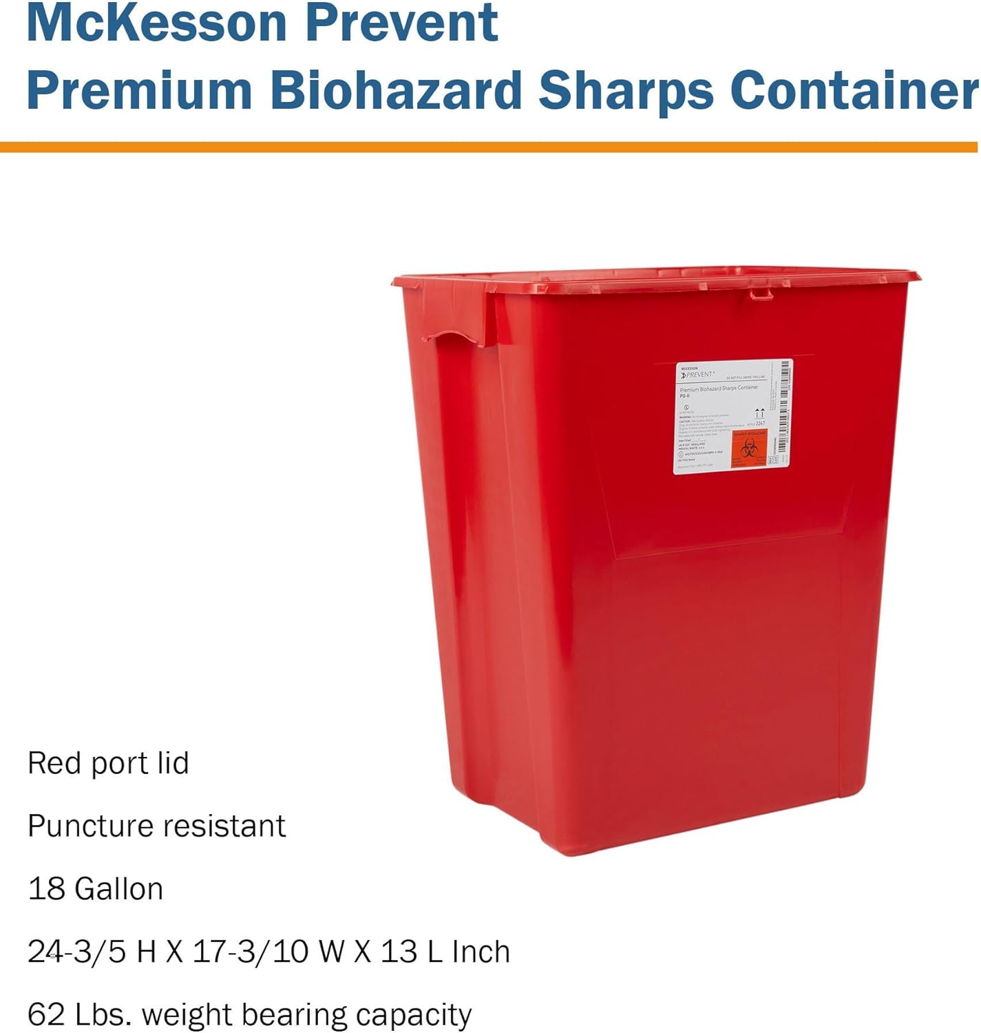 McKesson Prevent Premium Biohazard Sharps Container - Vertical Entry, Rotating Lid - Red and White, 18 gal, 13 in x 17 3/10 in x 24 3/5 in, 1 Count : Health & Household